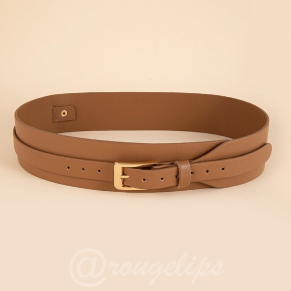 Camel Brown PU Leather Belt Gold Buckle Wide - Picture 2 of 5